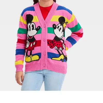 Disney Girls 100 Mickey & Minnie Mouse Striped Cardigan Sweater  Sz MEDIUM - NEW • $20.50