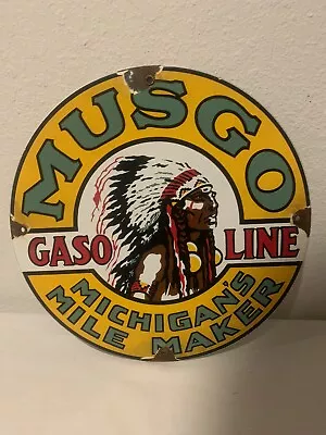 Vintage Musgo Gasoline Michigan’s Mile Maker Porcelain Gas Pump Sign • $144.99