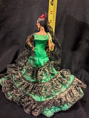 Vtg 60s Spanish Marin Chiclana 11” Flamenco Doll W/ Fan And Emerald Green Dress • $19.50