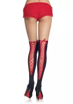 Sexy Black/Red Opaque Thigh High Stockings W/Lace Up Corset Back Gothic Fetish • £5.99