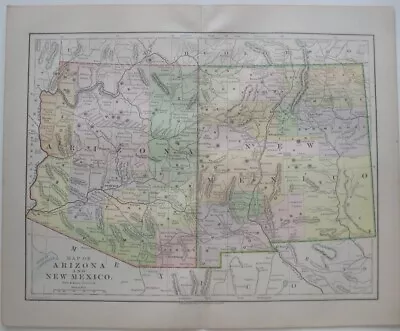 Original 1889 Map ARIZONA & NEW MEXICO TERRITORIES Globe Silver City Prescott RR • $24.99