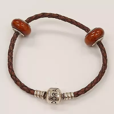 Pandora Charm Bracelet Brown Woven Leather Sterling Silver 2 Wood Charms Boxed • £9.99