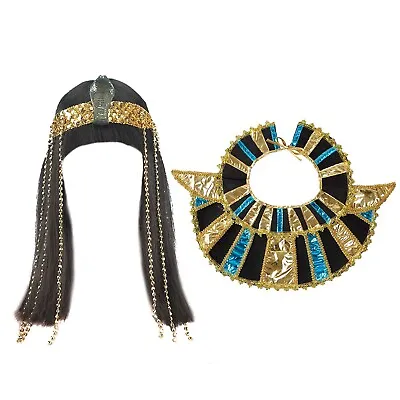 Wig And Headband 2Pcs Egyptian Queen Plastic Cleopatra Sets Neck Collar Beads • £21.19