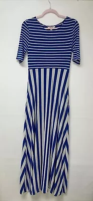 Matilda Jane Blue White Striped Maxi Dress Short Sleeves Pockets Size S Stretchy • £16.38