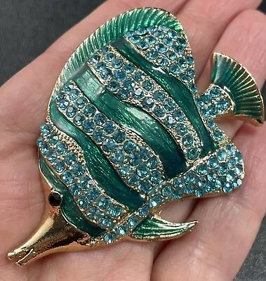 Vintage 2.8” Large Green & Blue Tropical Fish Brooch Pin Rhinestones • $4.99