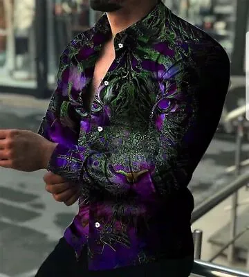 Button Up Shirt Men TIGER Print Long Sleeve Fashion Purple Green Party Tee Dress • $29.98