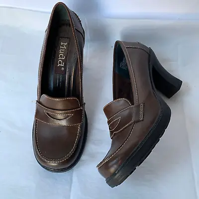 Vintage Mudd Kern Chunky Brown Y2K 90’s Heeled Loafers - Size 8 Faux Leather VTG • $46.99