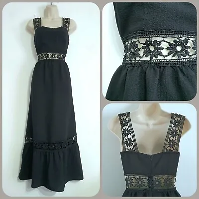 SHEIN Size M UK 8-10 Black Crochet Lace Guipure Insert Ruffled Hem Midi Dress • £15.30