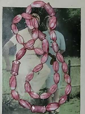 Miriam Haskell Long Pink & White Swirled Art Glass Beaded Necklace • $215