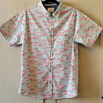 Distortion Mens Modern Flamingo Print Button Up Short Sleeve Shirt Men's Size XL • $6.30