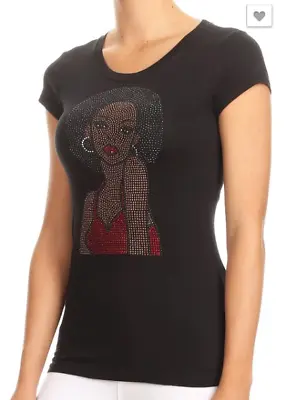 £19.77 • Buy Women's Rhinestone Afro Girl T-Shirt-Brown Skin Girl Wearing Hoop Earrings-New