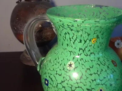 Murano Millefiori Hand Blown Art  Water Pitcher Green Clear Handle 8   Vtg • $67.08