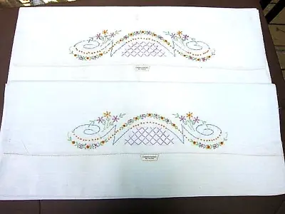 Pair Of Antique VTG NOS White Linen Pillowcases ~Hemstitching ~Hand Embroidered • $31.20