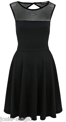 Miss Selfridge Black Mesh Panel Yoke Skater Dress 10 38 Cut Out Back New BNWT • £22.97