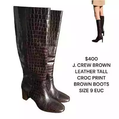 $400 J.CREW Willa High Shaft Boots Croc Embossed Leather Dark Brown  SZ. 9 EUC • $178