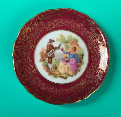 Meissner Limoges Plate 9cm- Red/Gold - Musician & Lady With Flowers -Perfect • £5.99