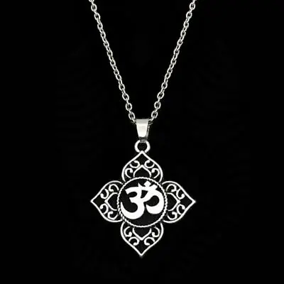 OHM NECKLACE Lotus Filigree Square Pendant Yoga Hindu Symbol Om Aum Buddha NEW • $7.95