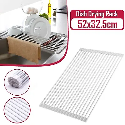 Dish Rack Drying Drainer Over Sink Stainless Steel Rack Roll Up Foldable Kitchen • $27.49