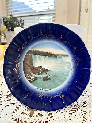 Antique Victoria Austria Blue Bowl Gold Accents Waterfall Picture • $20