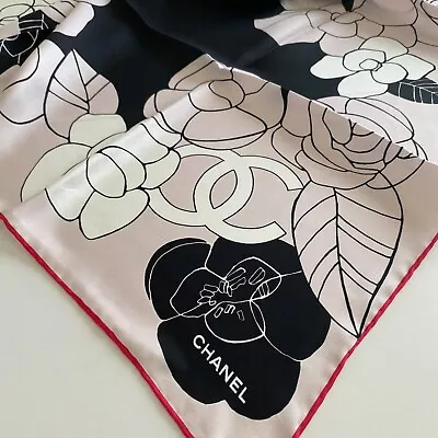 New Authentic Chanel Camellia Black Print Beige Multi-colour Square Silk  Scarf • $349