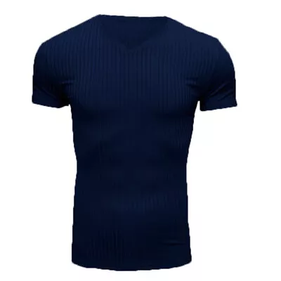 Men V Neck Short Sleeve Tops T-shirt Slim Fit Stretch Sport Gym Muscle Tee Tunic • $13.38