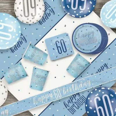 Glitz Blue 60th Birthday Party Tableware Decoration Plates Banners Candle Age 60 • £4.97