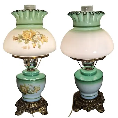 Vintage L & L WMC Green White Floral Glass Hurricane Parlor Lamp 1971 US Made • $169