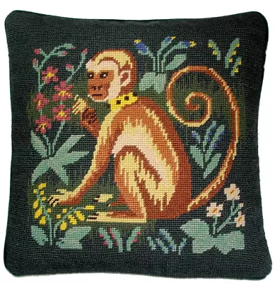 Wool Needlepoint Monkey Throw Pillow With Hunting Green Background Cushion 14x14 • $127.05