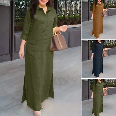 UK Womens V Neck 3/4 Sleeve Long Maxi Dress Casual Loose Shirt Dresses Kaftan • £18.99