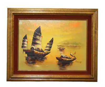 P. Wong Asian Fishing Boats Golden Sunset Chinese Oil Painting Canvas Framed • $89.99