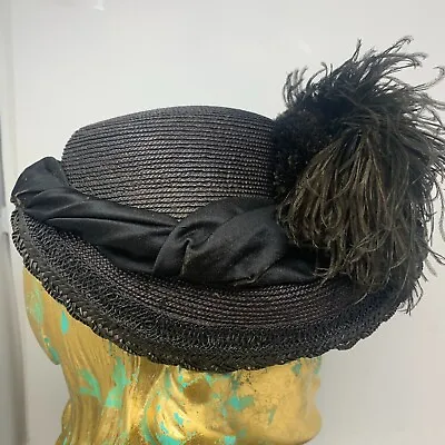 Antique 1880s Womens Victorian Black Woven Straw Hat Ostrich Plumes Mourning • $140