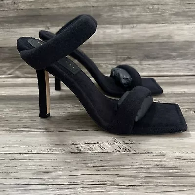 Good American Sandals Sz 10.5 Black Terry Square Toe High Stilettos Strappy Sexy • £48.53