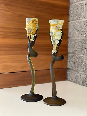 Venetian Glass Green Amber Candlesticks Hand Painted White & Gold Accents • $300