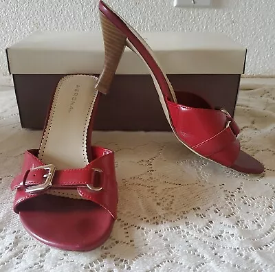MERONA Dark Red Genuine Leather Mules Heel Sandals Open Toe Shoes Sz 8 Worn Once • $19.50