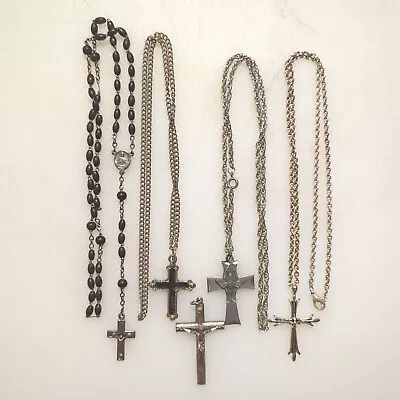 Vintage Cross Crucifix Rosary Lot Of 5 Silver Tone Varying Styles Italy France • $39.99