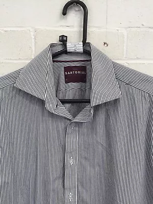 M&S Sartorial Blue/White Striped Long Sleeve Formal Shirt Size 16  Collar #CE • £6.99