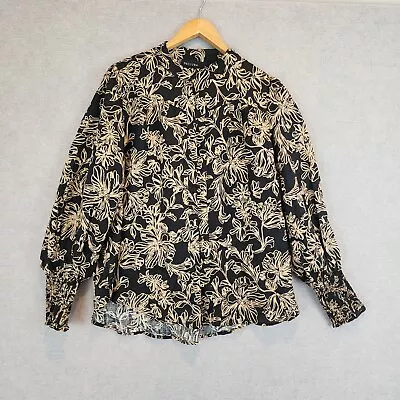 Decjuba Top Blouse Womens Size 14 Black Tan Floral Button Linen Long Sleeve NEW • $49.90