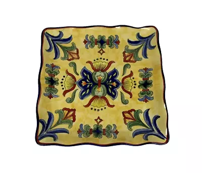 Maxcera Yellow Talavera Square Dinner Plate L51 Hand Painted Blue Floral Platter • $24.99