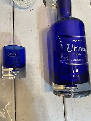 Ultimat Vodka Bottle And Shot Glass Blue Glass Clear Stopper 11 Inches • $20