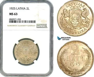 AI975 Latvia 2 Lati 1925 London Mint Silver NGC MS63 • $149