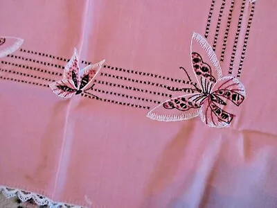   Vintage BUTTERFLIES Hand Embroidered LINEN Tablecloth CROCHETED EDGE 30  X 33  • $17.99