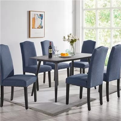 Set Of 2 Dining Chairs Fabric Upholstered Kitchen Chairs W/ Solid Wood Legs Blue • £69.99