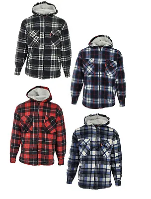 Mens Lumberjack Work Padded Thick Fleece Lined Sherpa Fur Check Hooded Shirt UK • £20.99