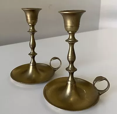 Pair Of Vintage Brass Candle Stick Holders 5  Farmhouse Rustic With Handle • $32