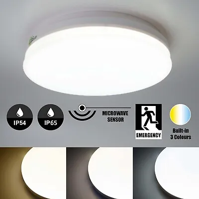 LED Ceiling Light With Microwave Motion Sensor & Emergency IP54 IP65 Waterproof • £41