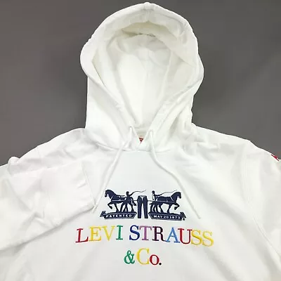 LEVI'S Colorful Retro Logo Pullover Hoodie Sweatshirt Mens Size Medium White • $37.49