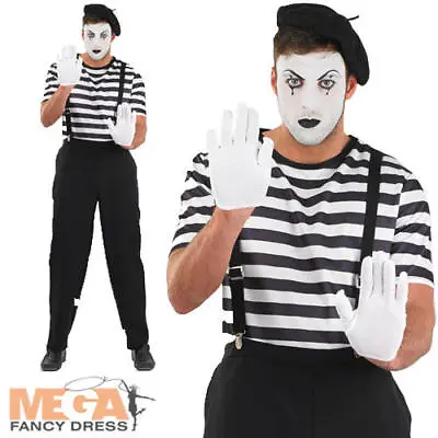 French Clown Mens  Fancy Dress Mime Street Artist Circus Carnival Adult Costume • £19.99