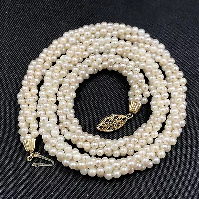 Vtg Pearl Multi Strand Twist Necklace 14K Yellow Gold Clasp 18” Long 26.6 Grams • $9.99