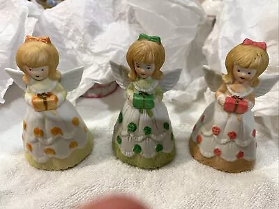 Vintage Bisque Bell Angels  With Gifts Set Of 3 4.5”  Tall Orange Green Pink • $12