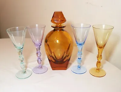 Vintage Cut Crystal Signed Moser Czechoslovakian 5 Pc Colored Glass Decanter Set • $989.99